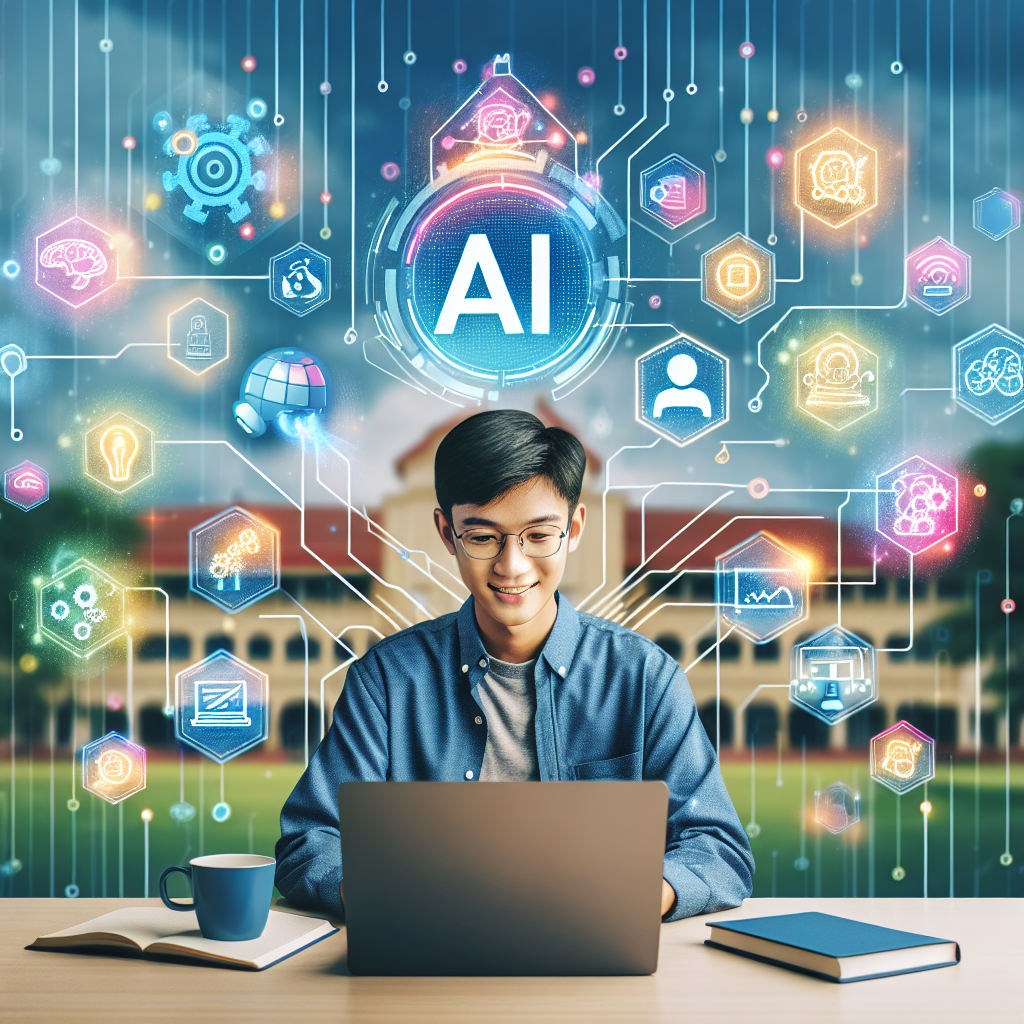 blog.drhariz.com A young man sits at a desk with a laptop, smiling, surrounded by illustrated colourful AI and technology icons, as he explores Kursus AI Online for his Masa Depan, with a UPSI campus building and trees blurred in the background. Dr. Muhamad Hariz Adnan