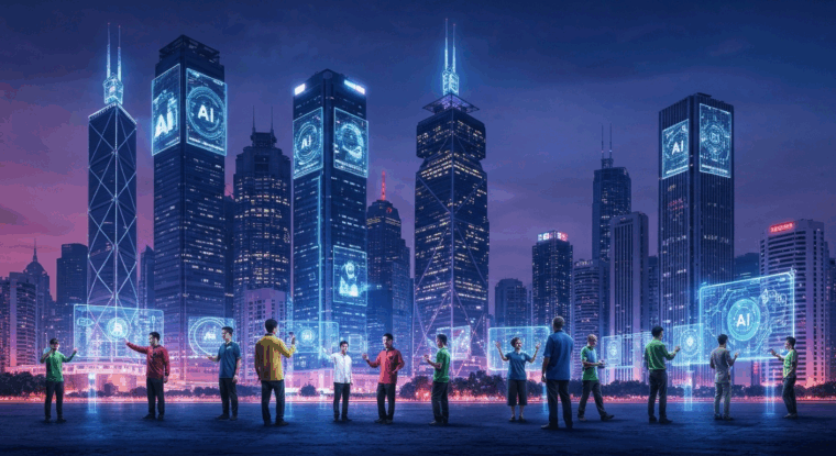 blog.drhariz.com People interact with large transparent digital screens displaying AI graphics and problem-solving tools in front of a futuristic city skyline with tall, illuminated buildings at twilight. Dr. Muhamad Hariz Adnan
