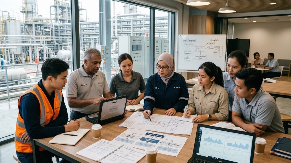 blog.drhariz.com A diverse group of seven professionals sit around a table with laptops, papers, and charts, discussing plans in a modern meeting room overlooking an industrial facility. A whiteboard with diagrams is in the background. Dr. Muhamad Hariz Adnan