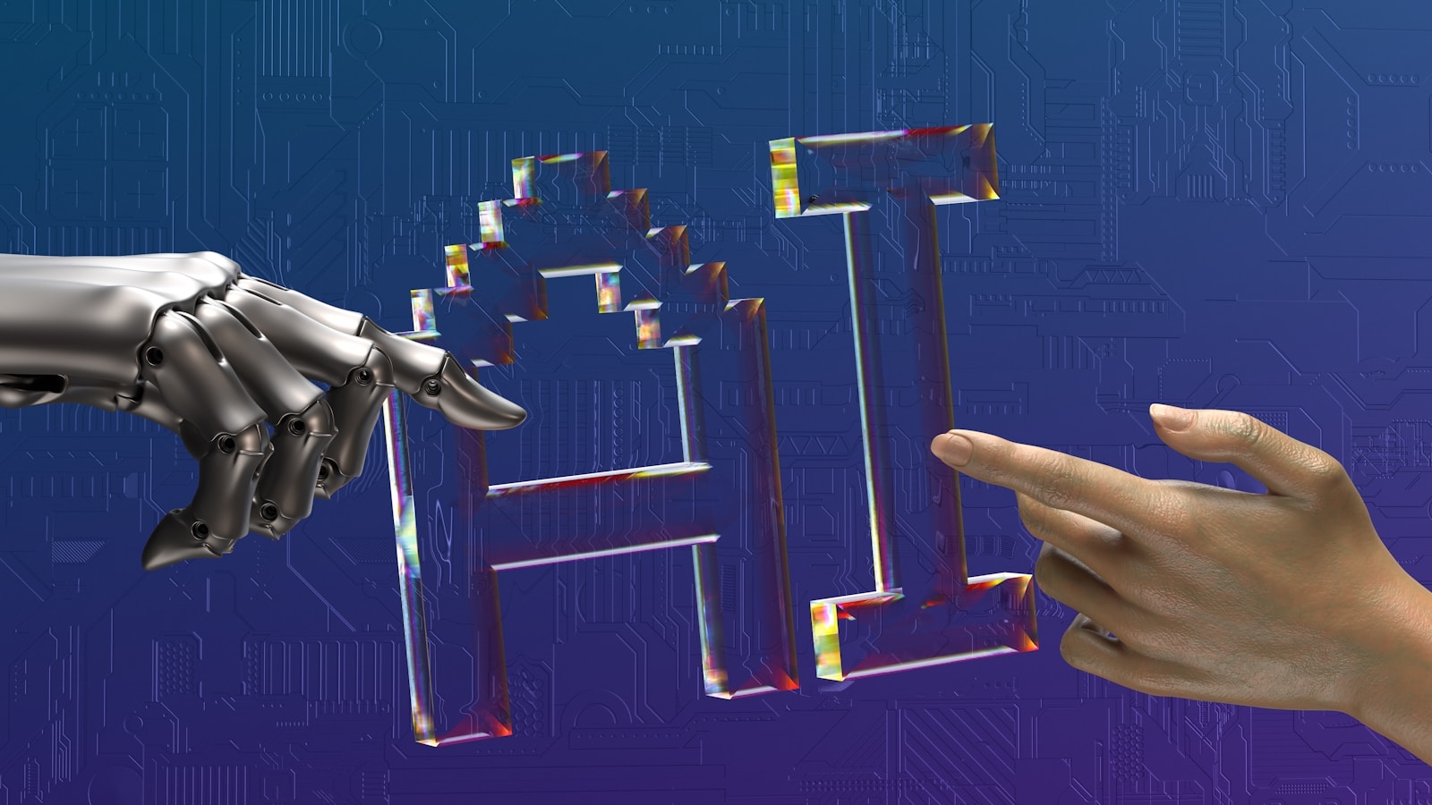 Human and robot hands reaching toward AI text — choosing an AI agent provider in Malaysia