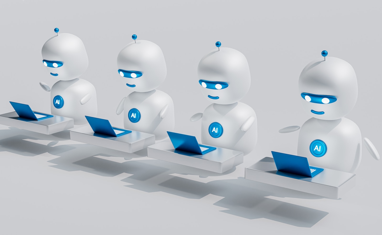 Rows of AI agent robots working on laptops — AI agent solutions automating business tasks in Malaysia