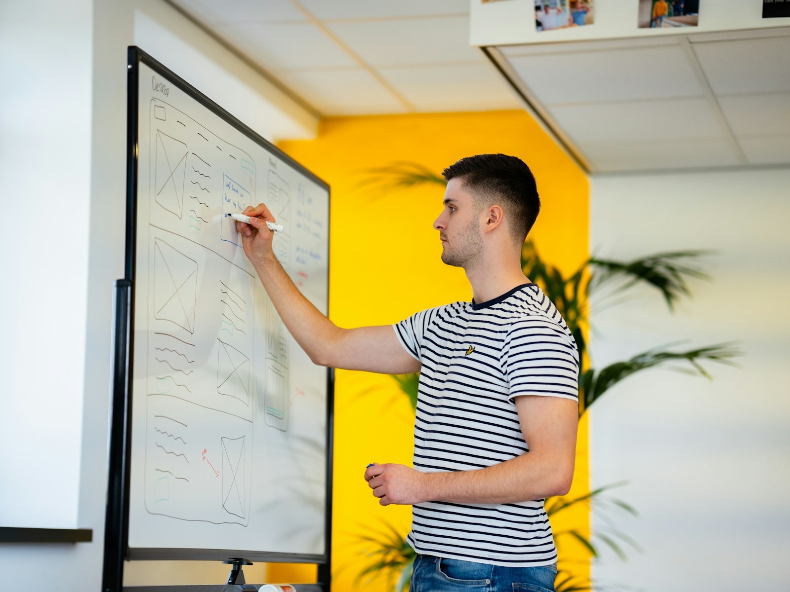 Researcher mapping a software engineering case study protocol and data sources on a whiteboard