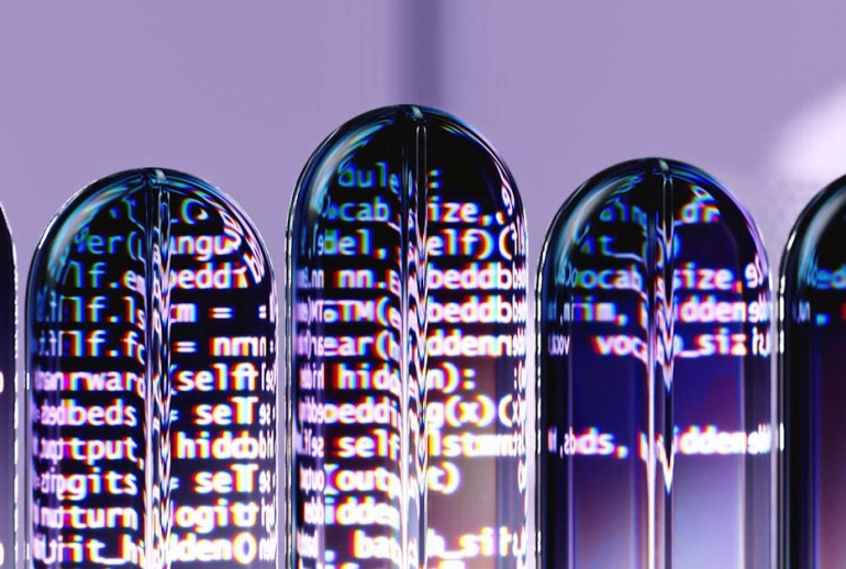 blog.drhariz.com Test tubes filled with a transparent liquid reflect colourful computer code, symbolising the integration of science, technology, and Kecerdasan Buatan in modern research. Dr. Muhamad Hariz Adnan