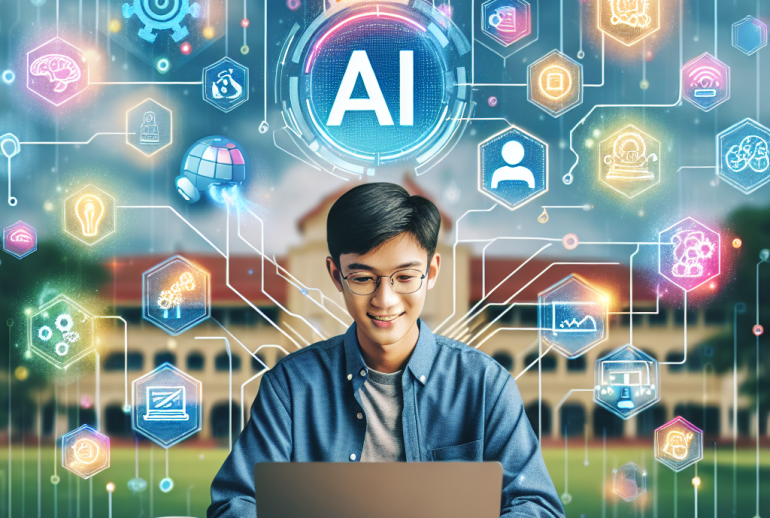blog.drhariz.com A young man sits at a desk with a laptop, smiling, surrounded by illustrated colourful AI and technology icons, as he explores Kursus AI Online for his Masa Depan, with a UPSI campus building and trees blurred in the background. Dr. Muhamad Hariz Adnan