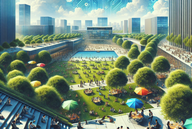 blog.drhariz.com A busy urban park near UPSI, where people relax under colourful umbrellas amid green lawns and trees. Modern buildings rise in the background, as a digital circuit pattern—hinting at Artificial Intelligence Malaysia—blends into the sky above. Dr. Muhamad Hariz Adnan