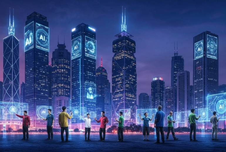 blog.drhariz.com People interact with large transparent digital screens displaying AI graphics and problem-solving tools in front of a futuristic city skyline with tall, illuminated buildings at twilight. Dr. Muhamad Hariz Adnan