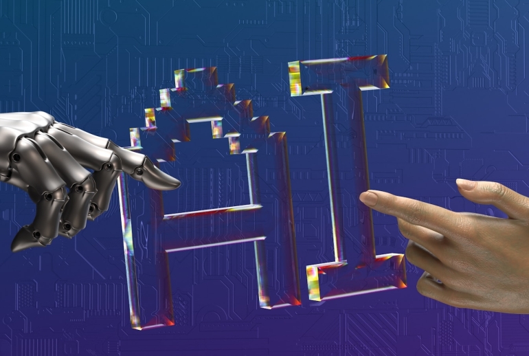 Human and robot hands reaching toward AI text — choosing an AI agent provider in Malaysia