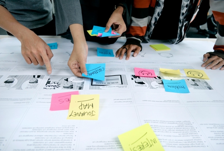 AI training needs analysis Malaysia: team collaborating with sticky notes to map skills and use cases